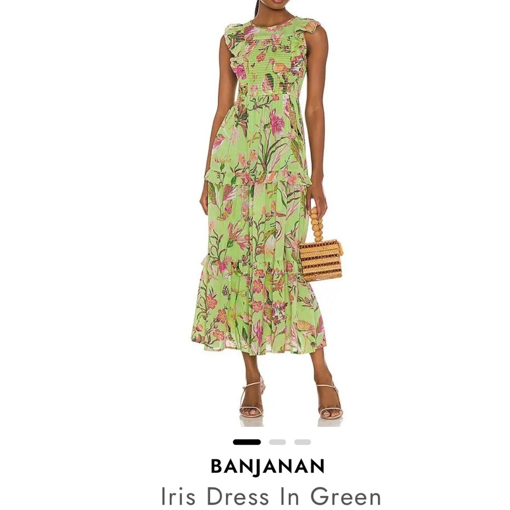 Banjanan IRIS Green and Pink Floral Smocked Tiered Dress Small